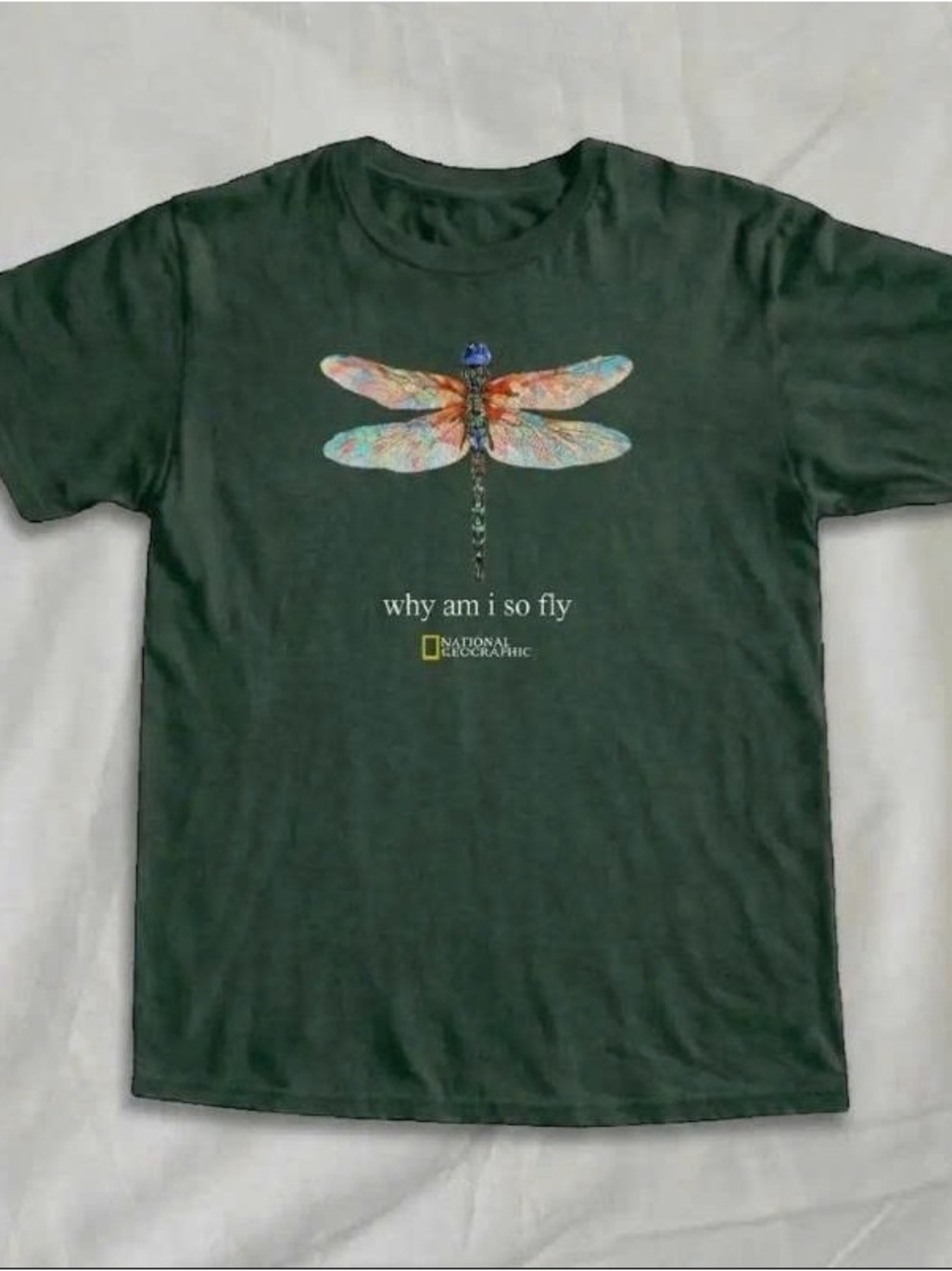 National Geographic Green Tee with Colorful Dragonfly Graphic